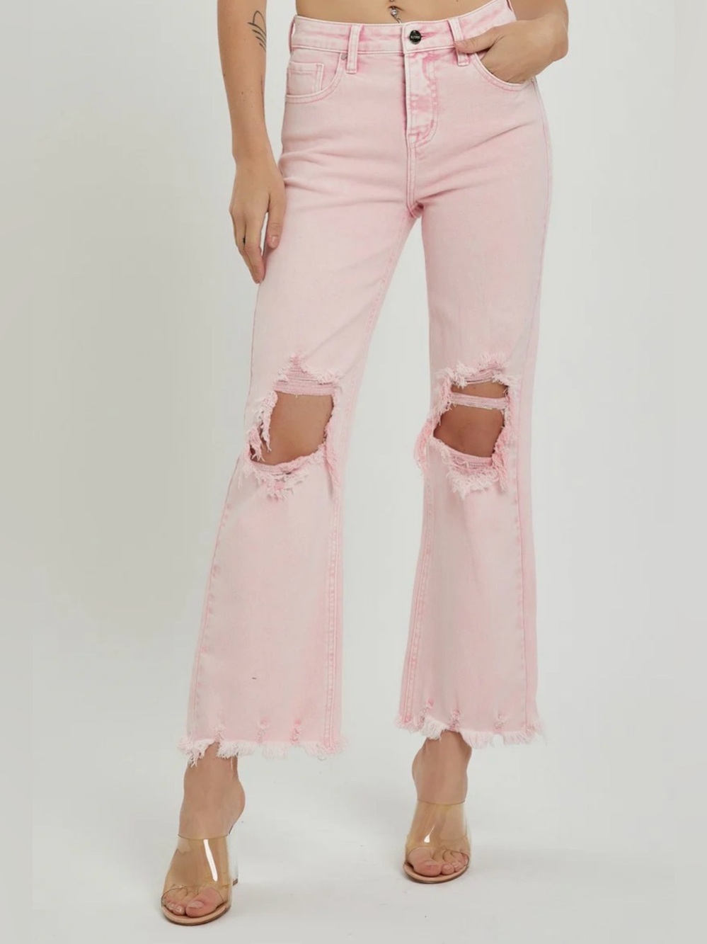RISEN JEANS Pink Distressed Flare Crop Jeans - Women's Fashion Size 5/27